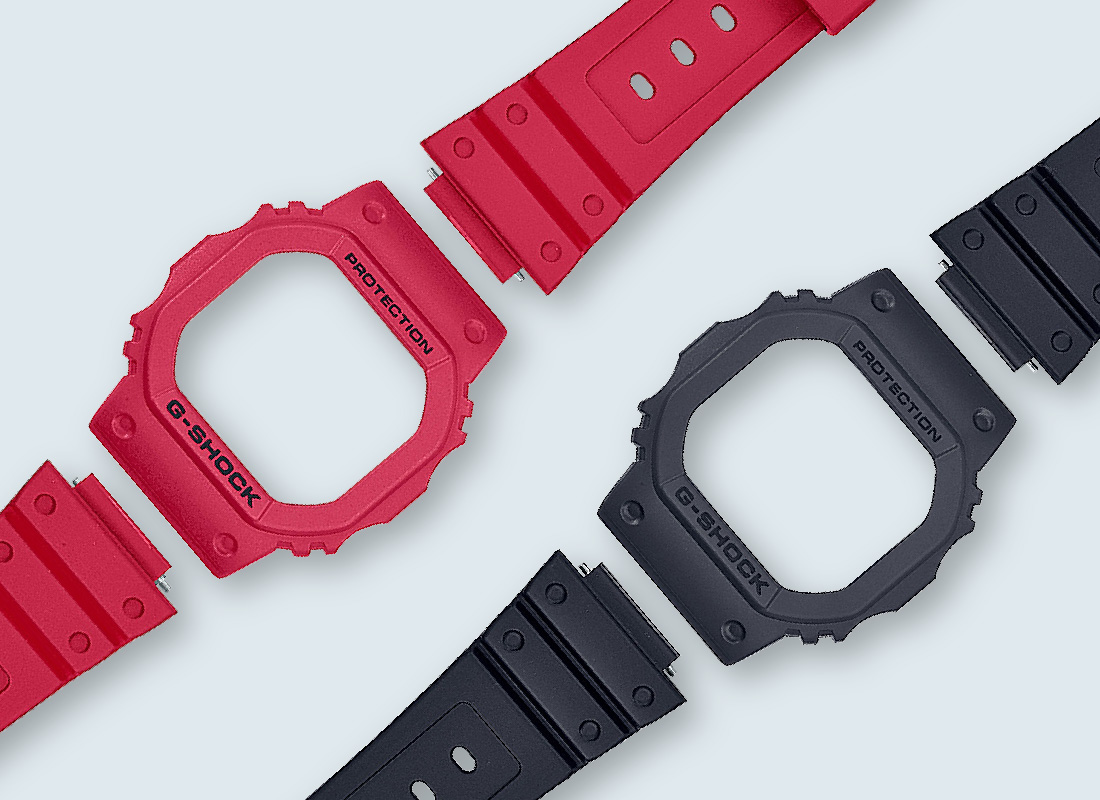 Includes two sets of interchangeable bezels and bands in the black and red G-SHOCK brand colors